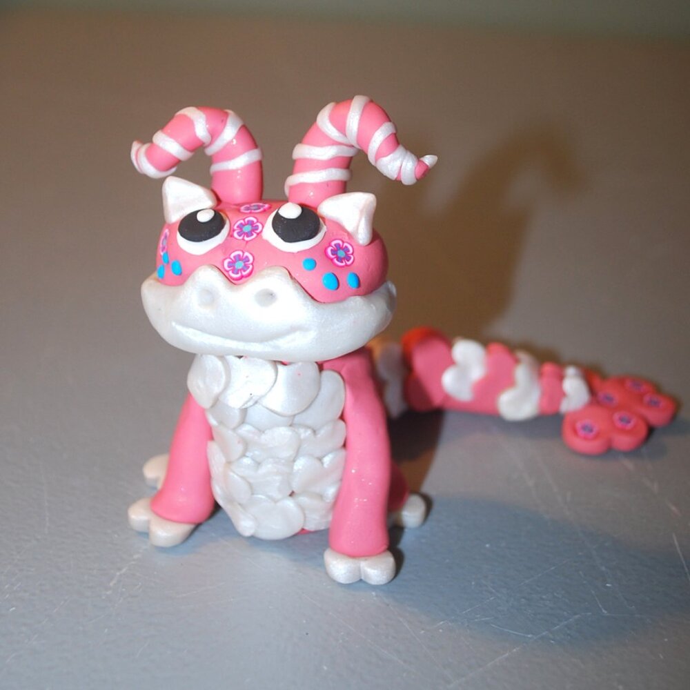 OOAK Big eyed dragon valentines series (pinky) Signed,Original Clay Sculpture